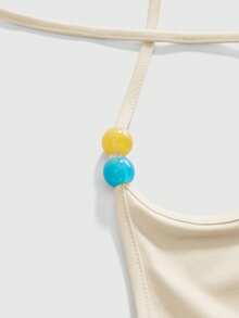 ROMWE Y2K 可爱宝贝岛屿度假金鱼涂鸦印花露背女装 - 杏色 - 查看 4