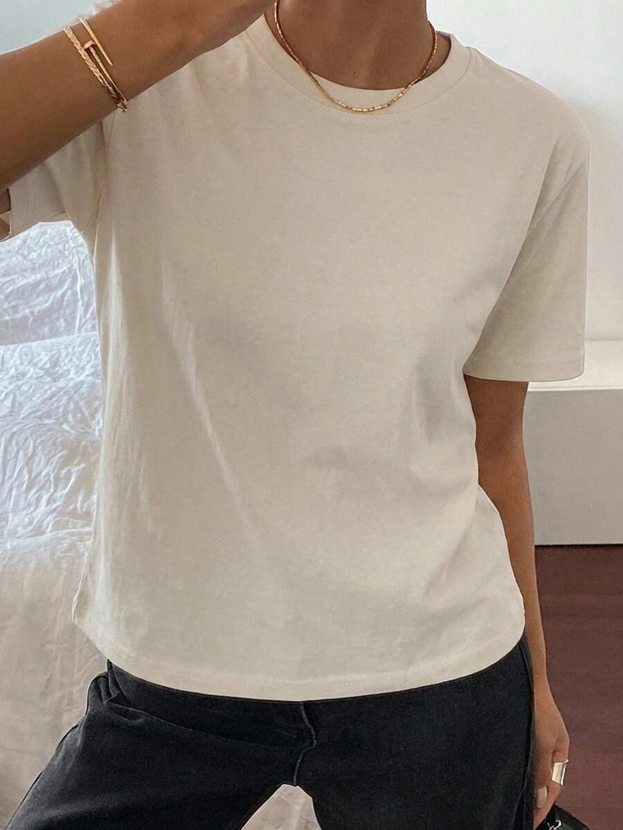 DAZY 女士纯色圆领休闲百搭短袖T恤 夏季 - 杏色 - 查看 1
