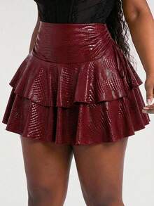 SHEIN SXY 大码女式纯色简约休闲半身裙 - 酒紅色 - 查看 5