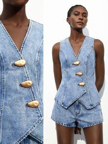 Maija Bộ đồ denim thường ngày dành cho nữ, gồm áo cổ chữ V cài kim loại và quần short. - Rửa nhẹ - Xem 7