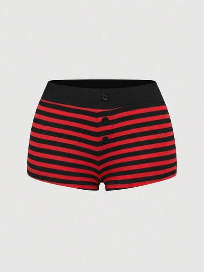 ROMWE Fairycore شورت مثلث بثلاثة أزرار بنمط مخطط أسود ورمادي مقاس كبير