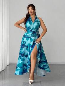 Elenzga Plus Size Women's Elegant V-Neck Floral Print Sexy Flowing Maxi Dress, Spring/Summer - Multicolor - View 5