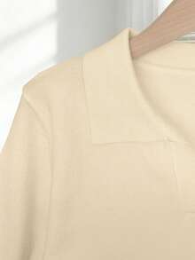 Franclia Blusa de punto ajustada de unicolor con cuello vuelto, manga corta raglán para mujer, primavera/verano - Albaricoque - Ver 4