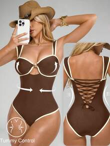 Shapewave Maiô feminino de uma peça com estampa de estrela-do-mar em preto e branco, efeito push-up, controle de barriga, sem costas e com amarração. Ideal para praia, férias e festas. - Castanho - Ver 3