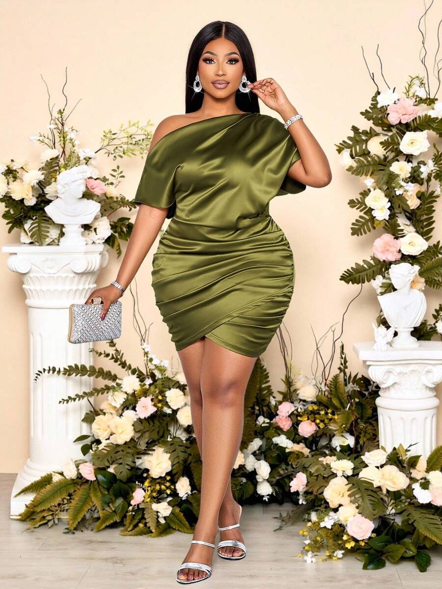 SOLERSUN 女士夏季服装 度假服装 女士加大码绿色优雅不对称领口褶皱短袖缎面紧身短裙 春季套装 夏季服装 - 綠色 - 查看 1