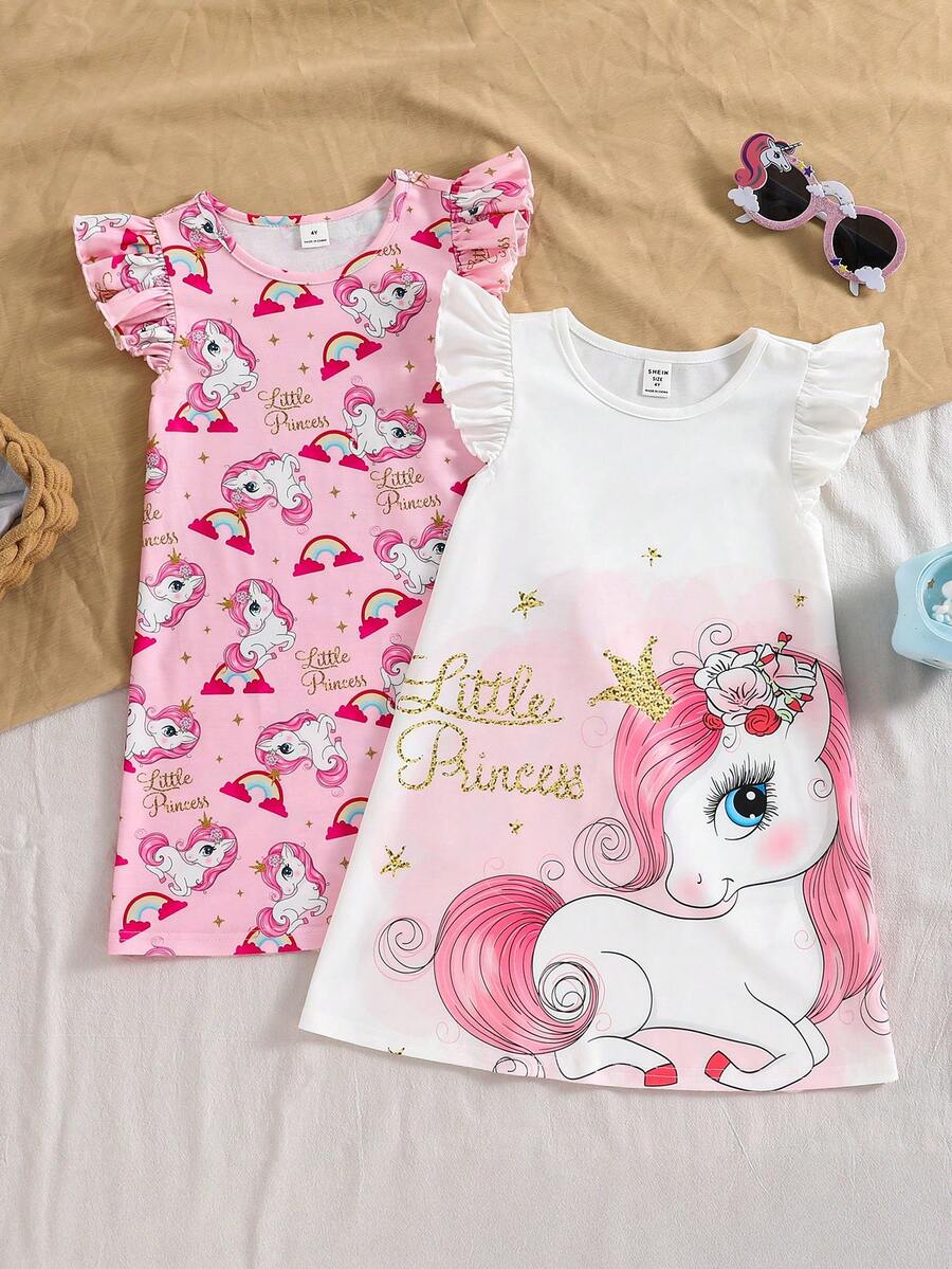 SHEIN 2 Stücke/Set minimalistisches Cartoon Einhorn Muster Rundhals Kurzarm locker gestricktes Nachthemd Grafik Kleine Mädchen Sommerkleid - Verschiedenfarbig - Übersicht 1
