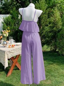 Comfortcana Women's Linen Sleeveless Top And Pants 2 Pieces Set, Summer - Purple - View 2