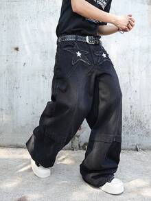 Manfinity ZONE917 Quần ống rộng dáng suông thêu ngôi sao màu đen, chất liệu cổ điển của Mỹ. - màu đen - Xem 6