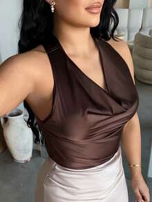 Dayanna Comas Áo Sơ Mi Đơn Giản Cà Vạt Cổ Màu Mai Thanh Lịch Cho Nữ - Cà phê nâu - Xem 3