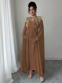 Rafferiza Elegante, digno y grácil conjunto de 2 piezas: vestido largo y chaqueta - Marrón - Ver 4