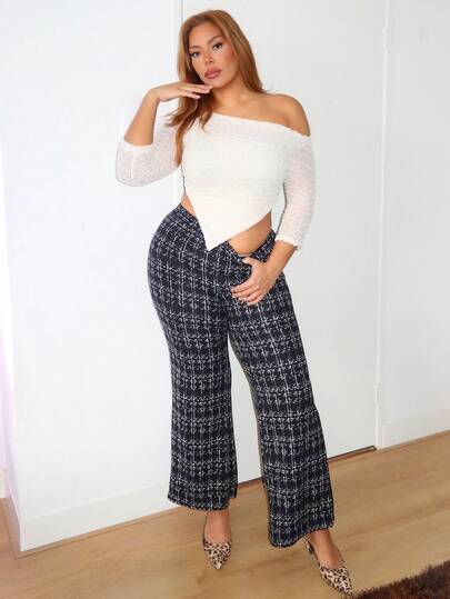 MelDlgn 大码夏季优雅女士格子印花弹力针织裤，适合多种场合，包括夏季度假、优雅旅行和日常通勤，商务休闲女性情人节之选。