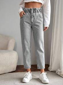 EURMUSE Elastic Waist Mom Fit Jeans - Light Wash - View 5