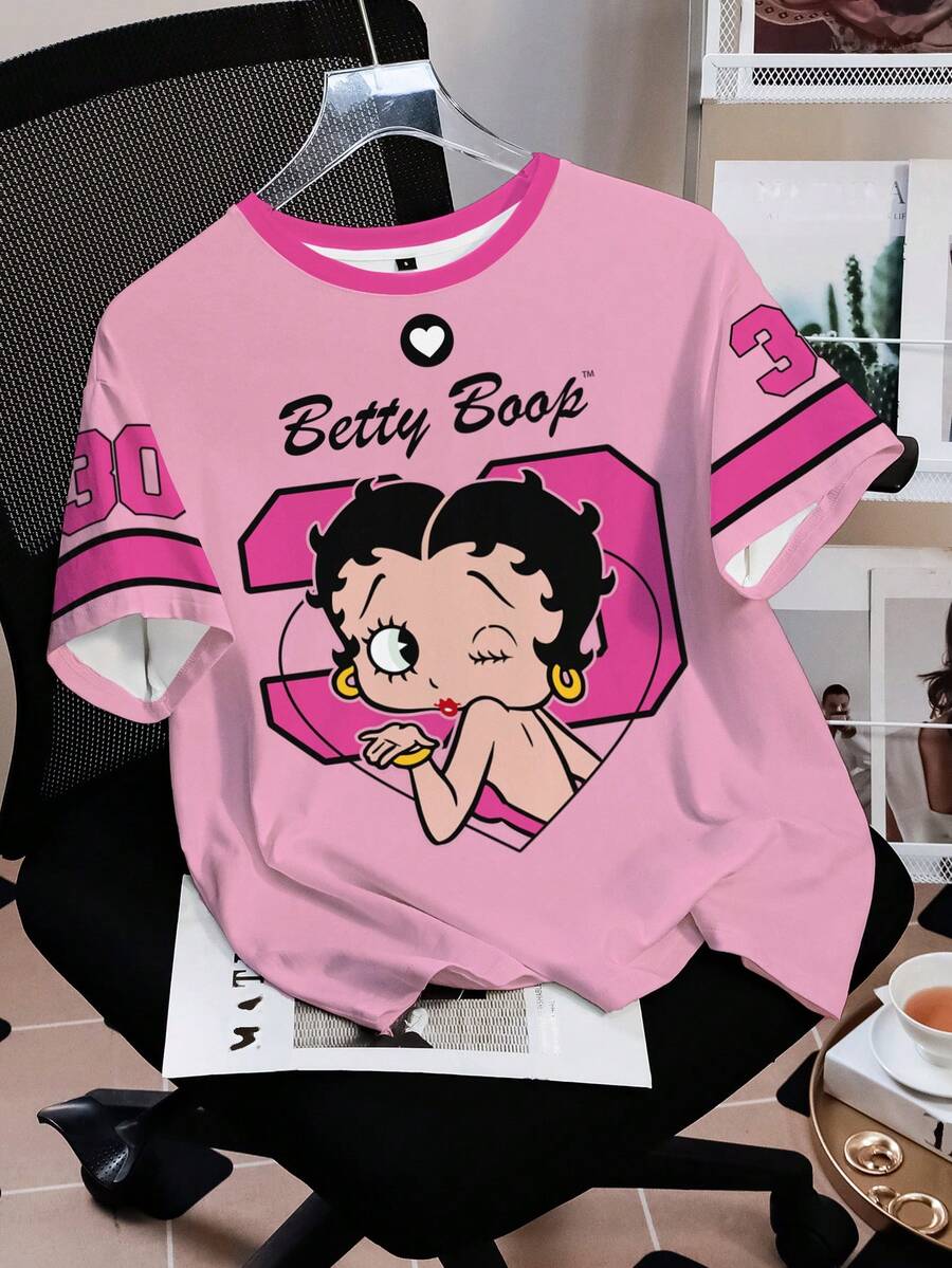 Betty Boop x SHEIN 女士卡通印花圆领短袖休闲T恤 - 白色 - 查看 1