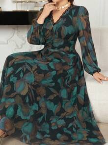 Modelyn 女士V领蕾丝拼接灯笼袖松紧腰A字印花优雅大码连衣裙 - 彩色 - 查看 7