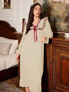 PalaceNights Women's Colorblock Floral Embroidery Ruffle Hem Long Sleeve Nightgown, Vacation Style - Apricot - View 7