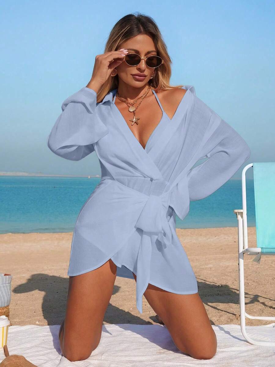 Swim Vcay 女士白色长袖衬衫领带休闲度假沙滩罩衫连衣裙 - 淺藍色 - 查看 1