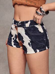 Jeanoix Y2K 女式夏季印花牛仔短裤，休闲日常穿着 - 彩色 - 查看 3