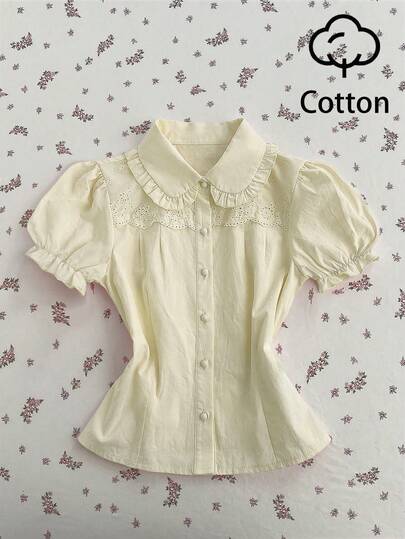 Elamini Áo sơ mi nữ màu hồng cổ Peter Pan tay cánh hoa thêu ren phối họa tiết hoa, kiểu dáng thường ngày.