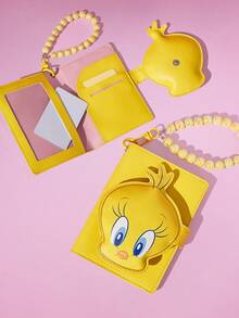LOONEY TUNES X SHEIN 1 pezzo Portapassaporto in pelle PU con stampa a motivo di personaggio dei cartoni animati, dotato di ciondolo a catena di perline, in grado di contenere passaporti e carte d'imbarco, con due slot per carte, adatto per uomini, donne, adolescenti, ideale per i viaggi, Tweety - Giallo - Visualizzare 6