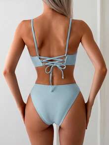 Swim Basics 女士夏季沙滩纯色性感比基尼泳衣套装 - 青碧色 - 查看 2