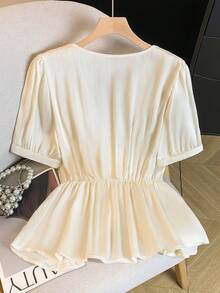 GlowEve 女士优雅纯色花瓣袖衬衫，饰有3D立体花卉图案，夏季款 - 杏色 - 查看 2