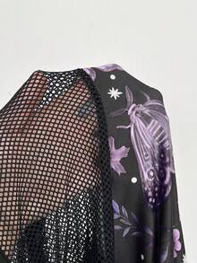 SHEIN CURVE+ 大码女装新款圆领复古休闲学院风暗黑朋克风印花拼接网纱星形缎带装饰A字长袖连衣裙，适合日常穿着、办公室、感恩节、新年派对、节日、生日派对、音乐节、情人节、春夏等场合。 - 紫色 - 查看 5