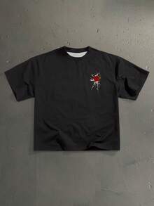 StoneGrade 玫瑰手写字体印花休闲宽松短袖T恤，男士时尚百搭，约会聚会必备单品，也适合作为送给男友的礼物。 - 黑色 - 查看 3