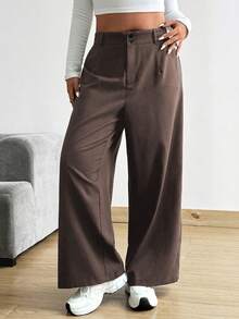 Vionelle Plus Size Women's Solid Color Button Casual Versatile Wide Leg Pants For Daily Wear - Coffee Brown - View 6