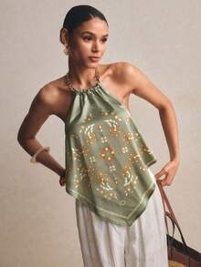 Poéselle Top de mujer sin espalda sin mangas de seda de verano con cadena tipo halter, top vintage de flores tropicales boho verde para fiesta de té, ropa de vacaciones y playa resort - Verde - Ver 6