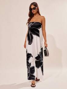 Radiana 优雅黑色花卉印花两件套，不规则下摆抹胸上衣+喇叭裤，飘逸网纱面料，适合度假、约会、海滩、休闲外出、购物、下午茶、派对、夜店、晚间等场合。 - 彩色 - 查看 3