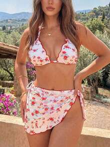 Swim Vcay Conjunto de bikini sexy y lindo de 3 piezas para mujer, con parte superior de triángulo con cordón y nudo, volantes en los lados, espalda descubierta y falda mini de malla con estampado floral aleatorio - Multicolor - Ver 5