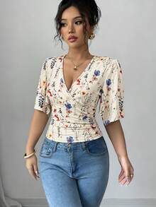 Rafferiza Áo kiểu nữ mùa hè phong cách Pháp cổ điển họa tiết hoa, cổ chữ V, thiết kế thắt eo, đa năng cho kỳ nghỉ và đi làm hàng ngày. - Nhiều màu - Xem 3