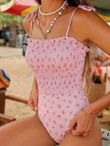 Swim Mod 春夏阳光沙滩泳装，甜美可爱碎花印花吊带连体泳衣 - 彩色 - 查看 1