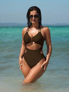 Swim SXY Women's Halter Neck Backless Drawstring One-Piece Swimsuit With Hollow-Out Design - Coffee Brown - View 1