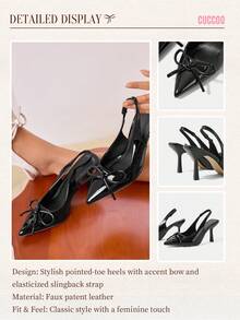 CUCCOO CHICEST 优雅尖头蝴蝶结高跟鞋，经典黑色 PU/漆皮镂空设计女士正式派对、约会、情人节、新年活动、办公室穿着鞋 - 黑色 - 查看 3