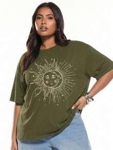 Solavibe Camiseta de cuello redondo con estampado de tallas grandes - Verde militar - Ver 7