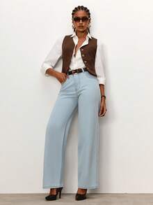 Daynim Quần jeans ống đứng cài cúc phía trước màu trơn - Rửa nhẹ - Xem 6