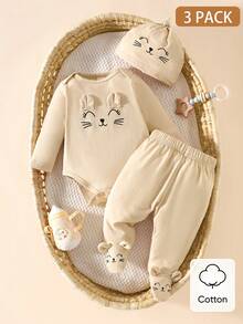 SHEIN Bộ 3 món cho bé sơ sinh in hình mặt mèo dễ thương, gồm áo liền quần dài tay, quần và mũ, phù hợp cho mọi dịp, mùa xuân/thu. - Màu be - Xem 2