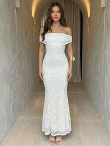 Aloruh 春夏新款蕾丝露肩露背性感修身鱼尾连衣裙，白色蕾丝连衣裙，浪漫约会连衣裙，晚礼服，派对连衣裙，海滩度假连衣裙，性感新娘装，女士海滩装，舞会度假装，女士海滩装，露肩海滩装，马贝拉穿搭灵感，丰收节快乐 - 白色 - 查看 6