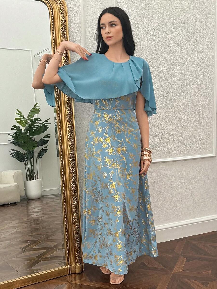 Modelyn Women's Elegant Summer Long Cape Dress,Royal Blue Floral Foil Print Pleated Gown,Wedding Guest Outfit,Zanea - Blue - View 1