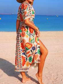 Swim Vcay 女士春夏沙滩连衣裙，V领长款收腰开衩度假印花连衣裙，带罩衫 - 橘色 - 查看 3