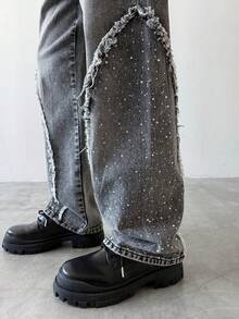 PAVTROS Jeans rectos y anchos de pierna, lavados en gris, con detalles de flecos, rasgados y adornos de strass, estilo hip hop americano para hombres - Gris - Ver 4