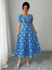 Rafferiza Women's Floral Jacquard Petal Sleeve Elegant Waist Cinched Dress - Lake Blue - View 5
