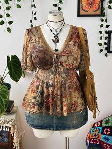 Sunspun Plus Size Women V-Neck Ruched A-Line Flounce Sleeve Blouse - Multicolor - View 6