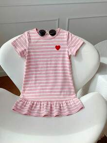 SHEIN Gaun Rajut Leher Bulat Motif Hati Bergaris untuk Anak Perempuan, Anak-anak - Baby Pink - View 6