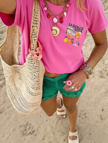 DrmWander Women's T-Shirt, Casual Street Style Graphic Short Sleeve T-Shirt, Cute Summer Top - Hot Pink - View 2