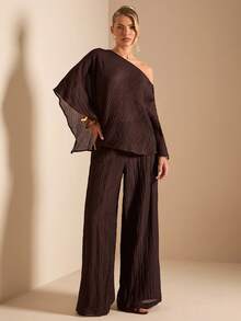 SHEIN BAE Apricot Asymmetric Shoulder Textured Poncho Top & Wide Leg Pants 2 Pieces Set, Suitable For Outings, Vacation, Beach, Textured 2 Pieces Set - Apricot - View 6