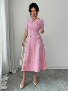 Elenzga Đầm midi nữ chất liệu vải dệt họa tiết, cổ áo, dáng chữ A, thắt eo, trang trí cúc giả ngọc trai kim loại, thiết kế túi thanh lịch, chất lượng cao cấp, thích hợp cho sinh nhật, hẹn hò, tiệc tùng, sự kiện trang trọng, tiệc cocktail, lễ hội âm nhạc, ngày Valentine, lễ hội hóa trang, tay ngắn. - Hồng - Xem 7