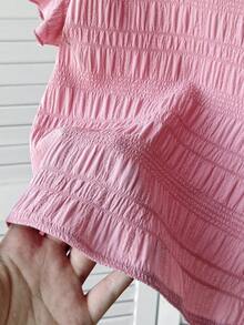 SHEIN LMoss Kids 女童纯色圆领荷叶边休闲衬衫 - 藕粉色 - 查看 3
