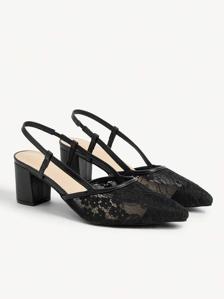 CUCCOO CHICEST Women Floral Lace Mesh Pointed Toe Chunky Heel Mid Heel Pumps, Elegant And Romantic Black Lace High Heels Shoes For Dates, Afternoon Tea For Christmas Elegant Shoes Wedding Shoes Summer Shoes Bride Shoes